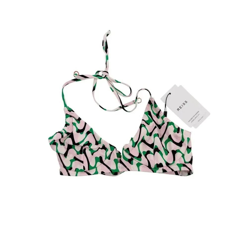REISS Audrinna Bikini Top Size 2 NEW Pink Green $70 V Front Cups Tie Halter